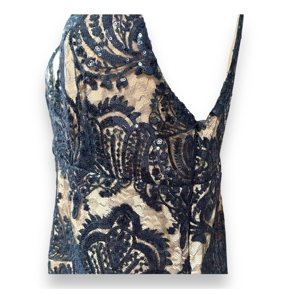 Free People Night Shimmers Sheer Slip Mini Dress Black Lace Sequined 10 - Picture 5 of 9